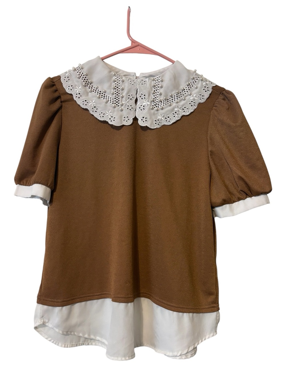 Brown Blouse with White Eyelet Collar and Layered Hem